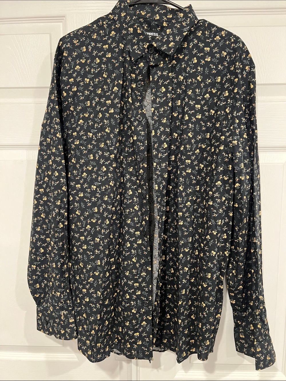 Express Black Button-Down Shirt with Small Yellow Floral Print